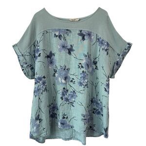 Lungo Larno Linen Top Size 2X Floral Woven Boho Lagenlook Coastal Beachy Blue